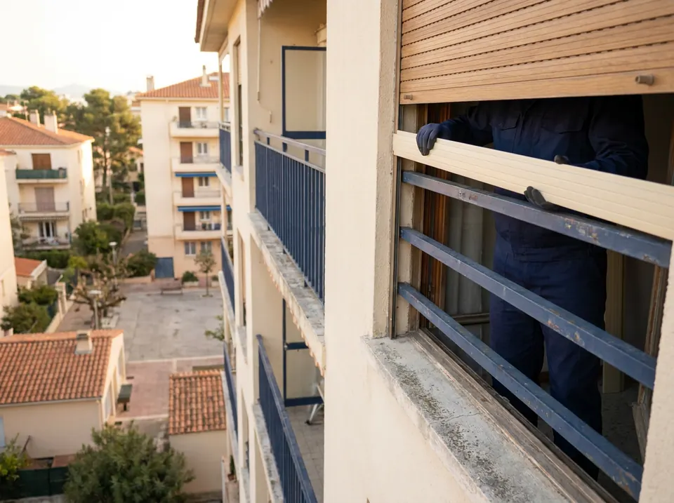 Persianista encajando lamas nuevas en la persiana de la ventana de un piso alto