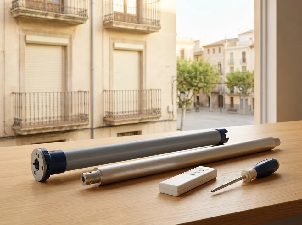 Motor tubular, eje, mando a distancia y destornillador sobre una mesa junto a una ventana