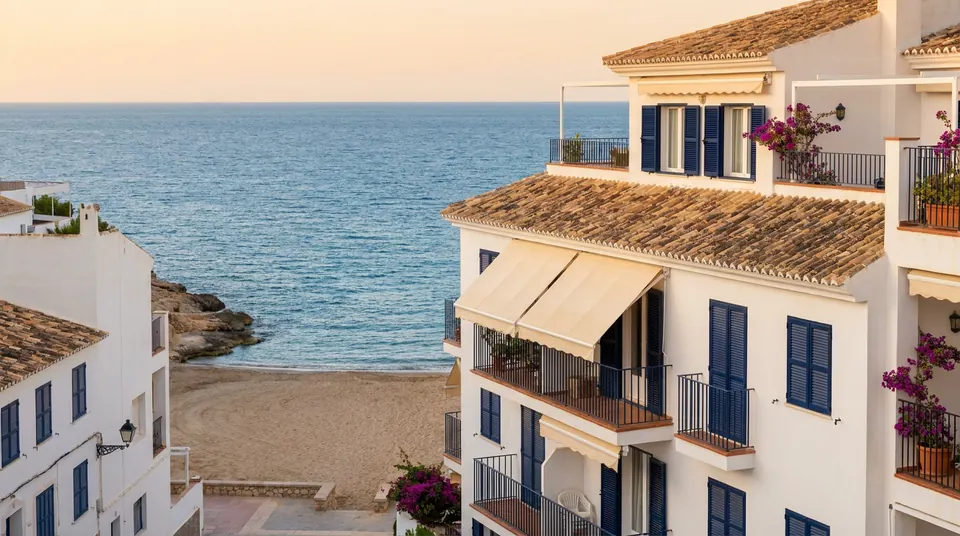 Edificios blancos con balcones y persianas frente a una pequeña playa del Mediterráneo