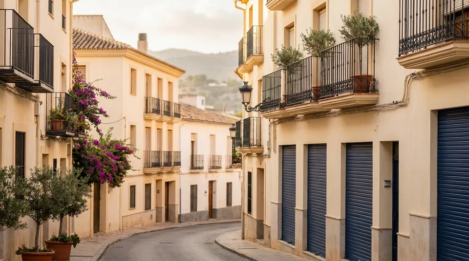 Calle en cuesta con balcones, buganvilla y persianas enrollables azules en los bajos
