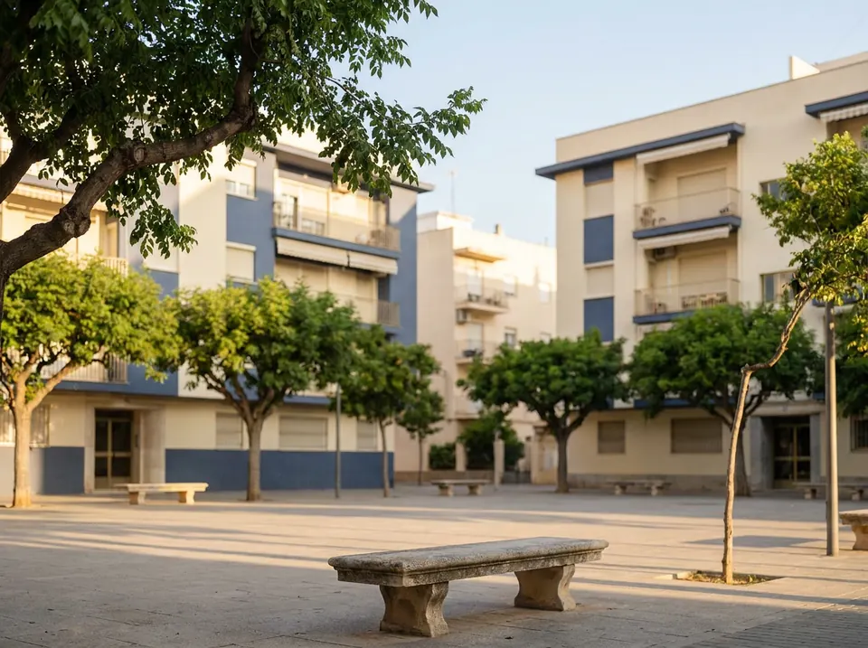 Plaza de barrio con bloques de viviendas, árboles y bancos de piedra al sol de la tarde